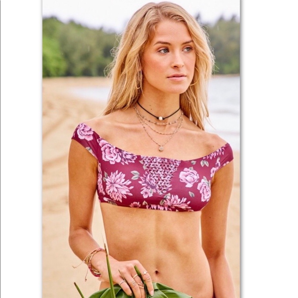 MAROON FLORAL Off The Shoulder Bikini Swim Top